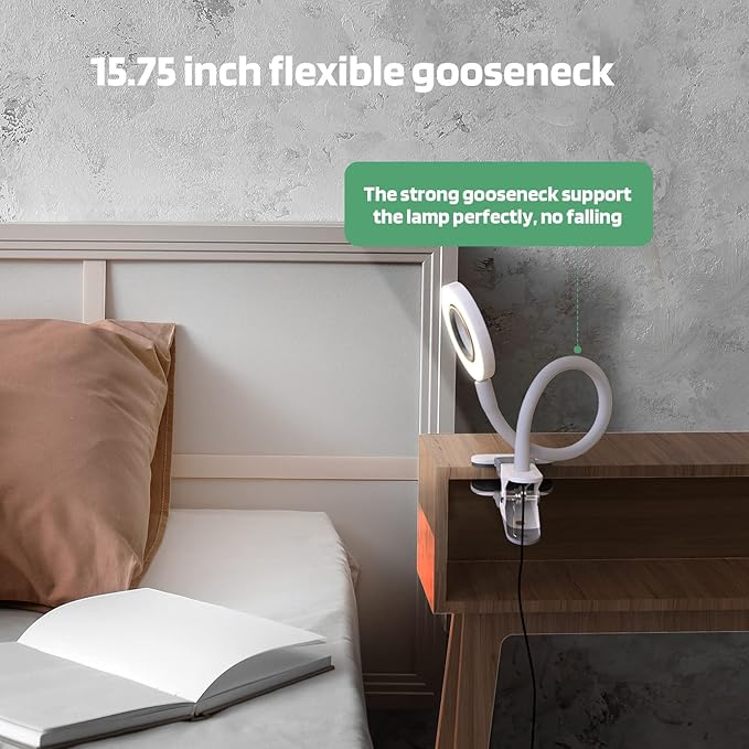 GLORIOUS-LITE LED Clip on Light, 36 LED Eye-Caring Reading Lamp for Dorm Room, 360° Flexible Gooseneck with 4 Color Modes, Dimmable Book Light for Bed, Desk, Headboard, Computer (White)