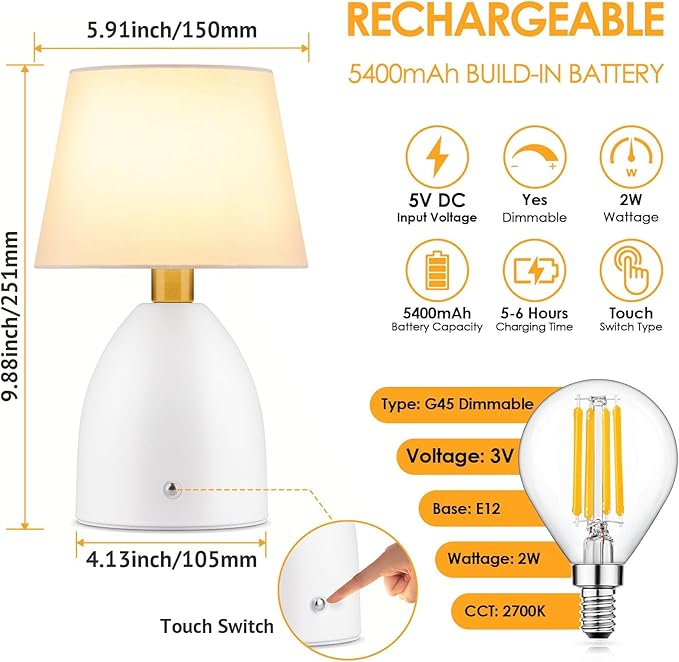 GGOYING Cordless Table Lamp Set of 2, 5400mAh Rechargeable Battery Powered Desk Lamp, 4-Level Brightness Dimmable Bedside Night Light for Bedroom Camping Balcony, White