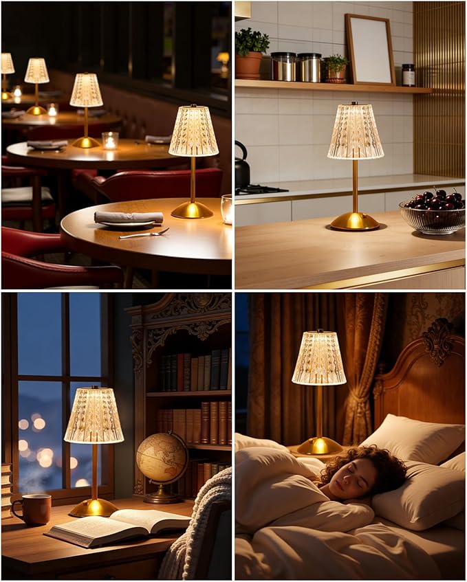 Rechargeable Cordless Table Lamp, Touch Control Crystal Desk Lamp with 3500mAh Battery, 3 Color Dimmable LED Small Lamp for Bedroom Bedside Restaurant Kitchen Home Decor, Gold