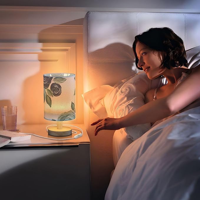 Flower LED Table Lamp, Bedside Lamp with Linen Lampshade, Flicker-Free Eye Care USB Plug in Nightstand Lamp, for Bedroom and Office