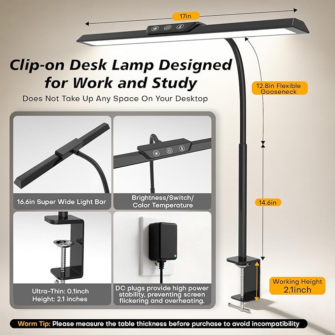 LED Desk Lamp for Office Home, Stepless Dimming Architect Desk Light with DC Adapter, Eye-Caring Desk Lamp with Clamp, 25 Lighting Modes Adjustable 12.8in Flexible Gooseneck for Workbench, Drafting