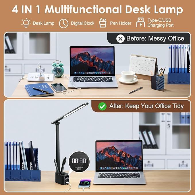 COOLNIGHT LED Desk Lamp,5 Colors+11 Brightness LED Desk Lamp with USB Charging Port+Clock+Pen Holder,700 Lumen Desk Light Classroom Desk Lamps for Home Office, Bed,Reading,Nail,Craft