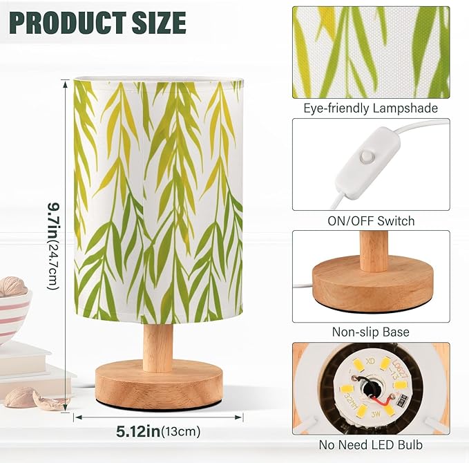 Green Willow LED Table Lamp, Bedside Lamp with Linen Lampshade, Flicker-Free Eye Care USB Plug in Nightstand Lamp, for Bedroom and Office