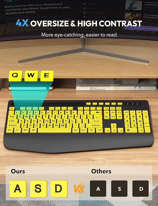 SABLUTE Wireless Keyboard and Mouse, Wrist Rest, Large Print, Phone Holder, 2.4G Ergonomic Keyboards Mouse Combo, KM23D Silent High Contrast Set for Low Vision and the Elderly, Battery Powered