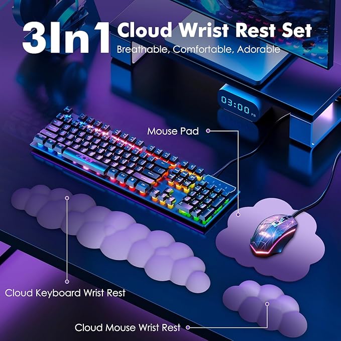 MoKo Cloud Wrist Rest, Ergonomic Cloud Keyboard Wrist Rest with Mouse Rest Wrist Pad, Durable Polyester Cloud Arm Rest Wrist Pad for Keyboard and Mouse for Office, Gaming, Computer, Laptop, Purple
