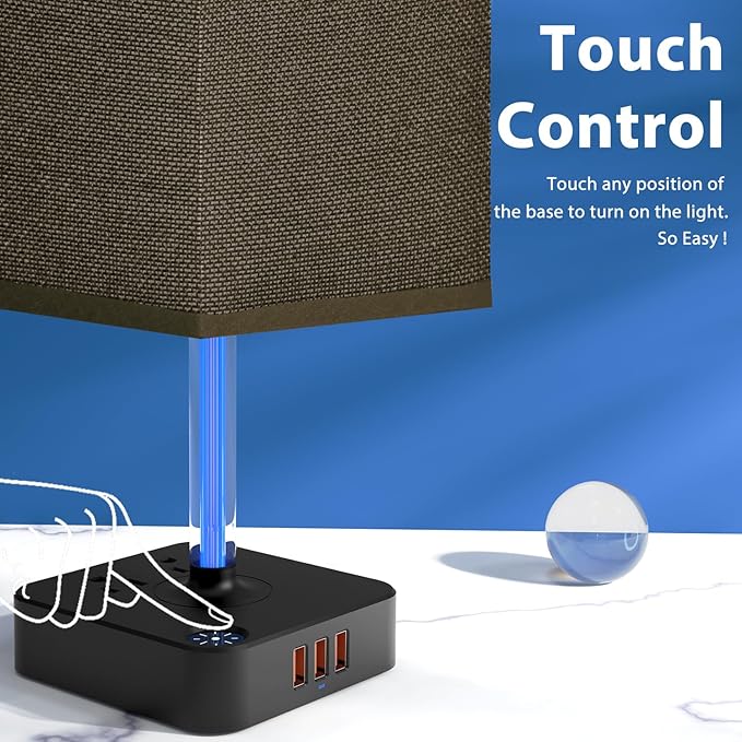 Bedside Table Lamp - Touch 3 Way Dimmable Lamp with 3 USB Charging Ports & 2 AC Outlets, Square Base Rectangular Flaxen Shade, Bedroom, Office, Dorm, Decor, LED Bulb Included (Black-Brown)