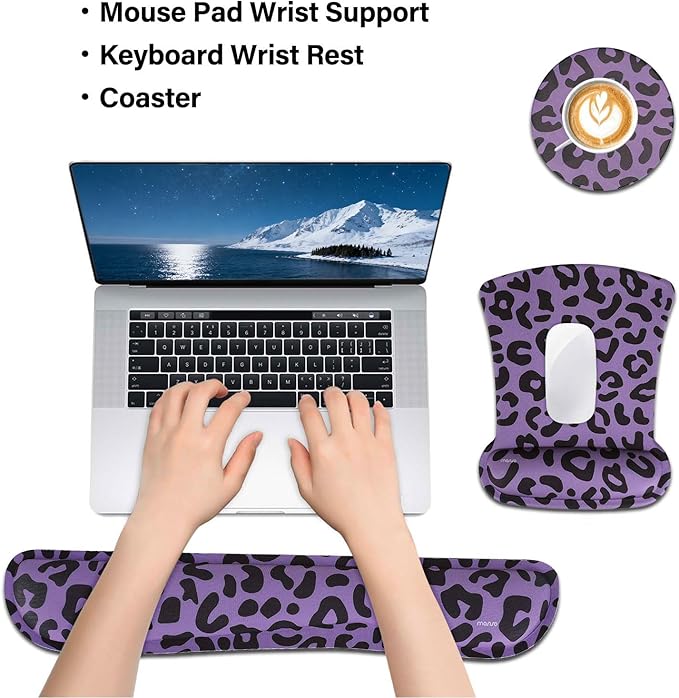 MOSISO Wrist Rest Support for Mouse Pad&Keyboard Set, Leopard Grain Ergonomic Mousepad&Coaster Non-Slip Base Home/Office Easy Typing Cushion with Neoprene Cloth&Raised Memory Foam, Purple