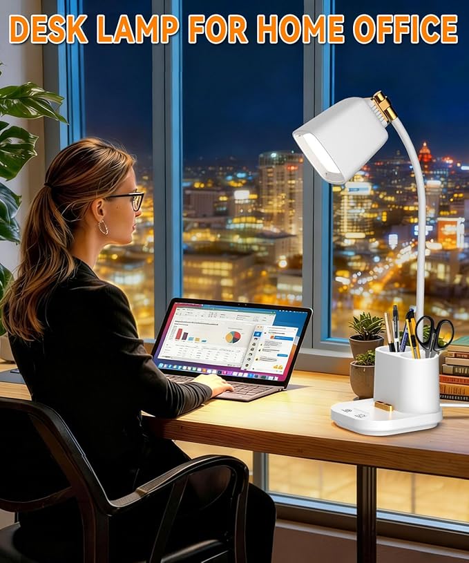 LED Desk Lamps for Home Office with Charger Desk Light Table Lamp W/ Organizer for Bedroom/Study/Reading/Work/Task, Gooseneck Small Desk Lamp for Craft/Artist/Puzzle/Drawing,Eye-Caring LED Office Lamp