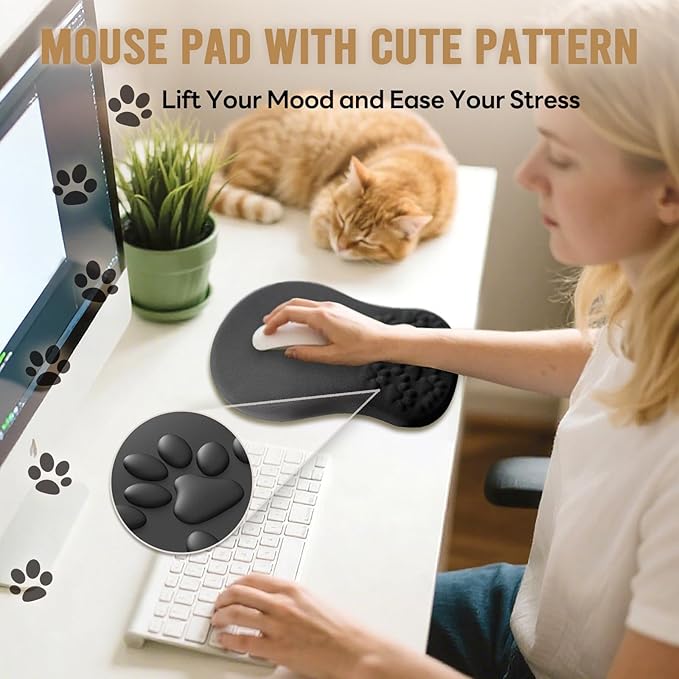 Black Ergonomic Mouse Pad with Wrist Rest Support,Non-Slip PU Bottom & Memory Foam Massage Bulge Cat Paw Pad Design,Relieves Carpal Tunnel Pain-an Ideal Mousepad for Office Desk Accessories