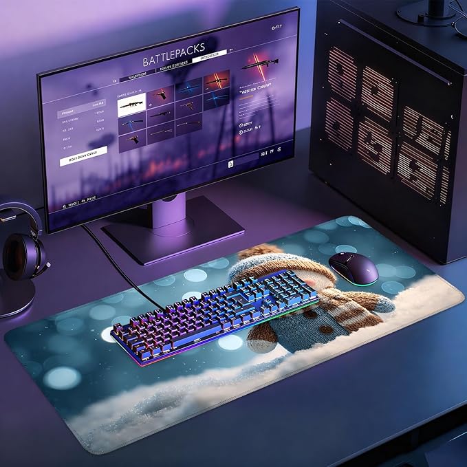 Desk Mat, XXL Extended Gaming Pad for Desktop, 35x16 Inches Scarf and Hat Snowman, Large Non-Slip Vegan Leather Surface with Stitched Edges, Keyboard Mouse Mat for Home Office