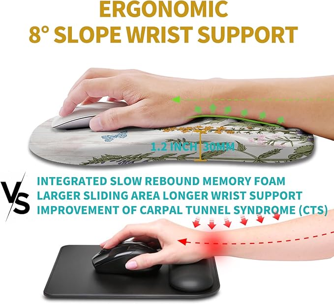 Hokafenle Ergonomic Mouse Pad Wrist Support, Wrist Rest Mousepad for Carpal Tunnel with Integrated Memory Foam Slope Massage Bulge (11.8x7.9 inch,Garden Flowers)