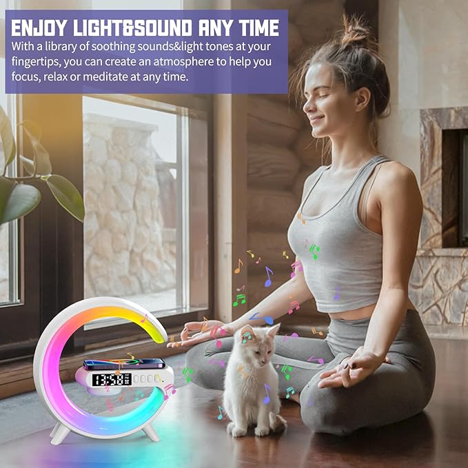 2025 New Mini LED Table Lamp, Wireless Charging Atmosphere Lamp, Bluetooth Speaker, Dimmable Night Light, Bedside Lamp, Alarm Clock for Christmas Gifts (Black)