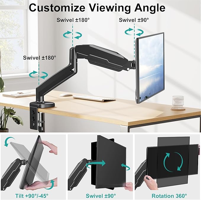 MOUNT PRO Single Monitor Desk Mount - Articulating Gas Spring Arm, Removable VESA Monitor Mount Computer Monitor Stand with Clamp and Grommet Base Fits 13 to 32 Inch Screen, VESA 75x75, 100x100, Black