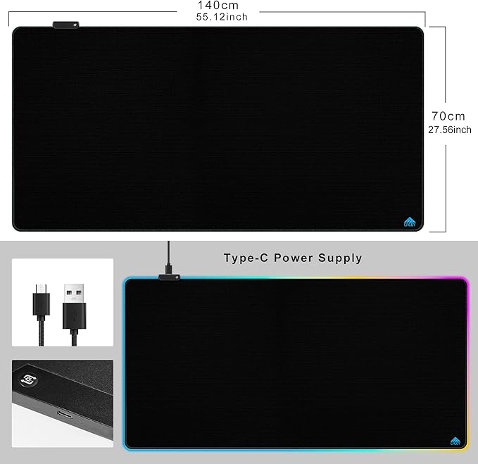 Cacoy 55"x27.5" Extra Large RGB Gaming Mouse Pad XXL, Extended LED Computer Keyboard Mouse Mat with 9 Light Mode, Oversize Office Desk Matt for Desktop with Stitched Edge & Non-Slip Rubber Base, Black