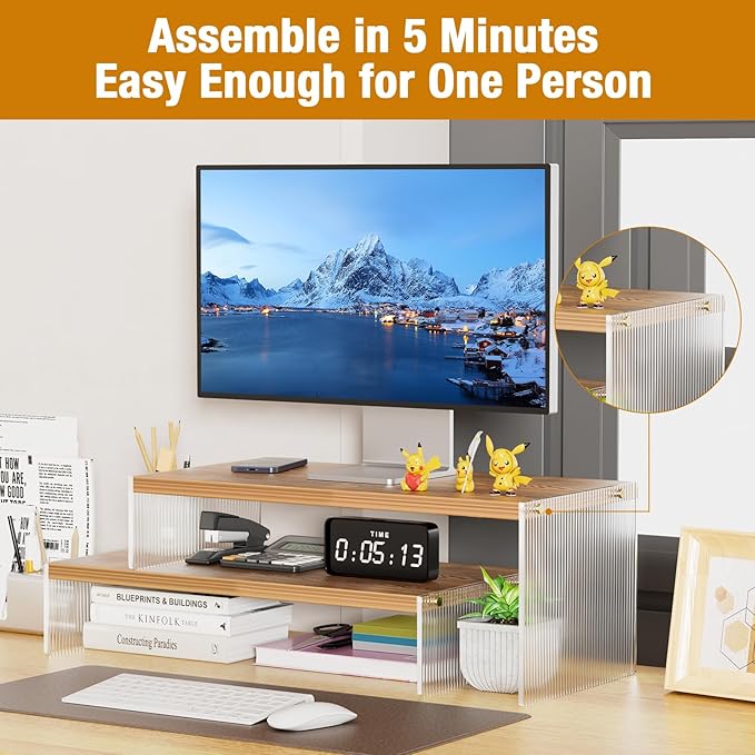Adjustable Monitor Stand Riser with Acrylic Legs丨15.74" Length Dual Monitor Stand for Desk丨2-Tier Wood Desktop Organizer for Computer, Laptop, Printer & PC丨Modern Aesthetic Desk Shelf(wood-wavy)