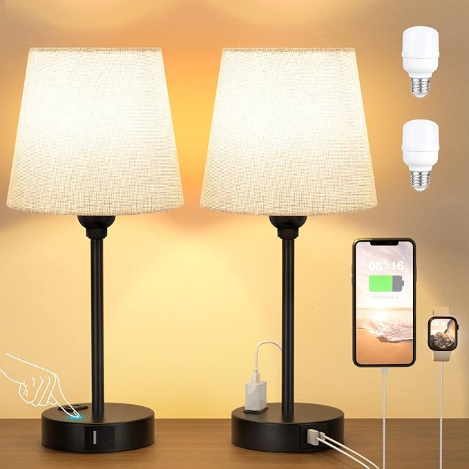 Grey Bedside Lamps for bedrooms Set of 2 - Nightstand Bedroom Lamp with USB C Port and AC Outlet Charging, 3 Way Dimmable Touch Control Small Bed Side Table Lamp, Night Stand Light for Kids/Guest Room