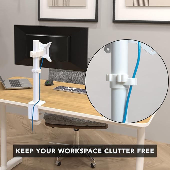 Mount-It! White Single Monitor Stand – Adjustable Desk Arm for Computer Screens – VESA Compatible Holder Up to 32" 19.8 lbs – 360° Rotation, 160° Swivel, 40° Tilt – Space-Saving Clamp & Grommet Base