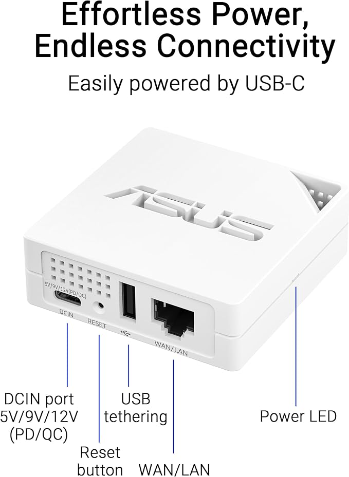 ASUS RT-AX50 Go Dual-Band WiFi 6 Portable Travel Router, 1500 Mbps, 4G/5G Tethering, Public WiFi (WISP) Mode, VPNs, RV/Cruise/Mobile, USB-C Powered, Pocket Size, Easy Setup