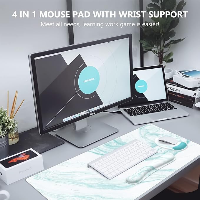 iLeadon Keyboard Mouse Pad Set, Large Gaming Mouse Pad + Keyboard Wrist Rest + Mouse Pad with Wrist Support + Coaster, Easy Typing, 4in1 Desk Mat Set for Home Office, Teal Turqoise Marble