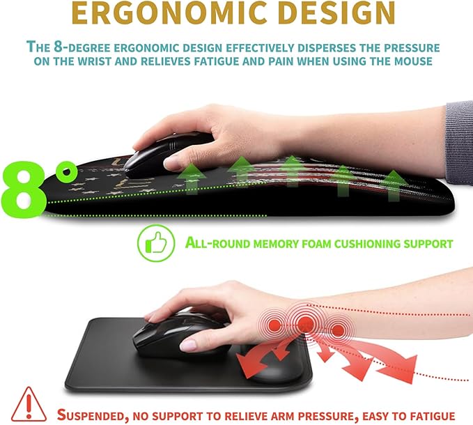 Hokafenle Ergonomic Mouse Pad Wrist Support with Massage Design, Wrist Rest Mousepad with Memory Foam&Non-Slip PU Base, Mouse Pads for Wireless Mouse & Desk (12x8 inch,Flag)