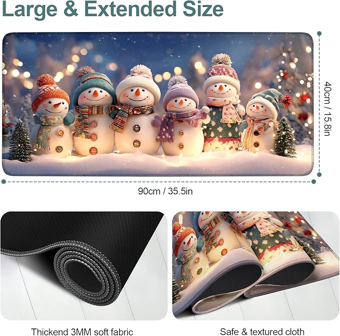 Six Snowmen Extended Gaming Mouse Pad 35.4x15.7Inch Large Desk Mat Anti-Slip Rubber Base & Durable Stitched Edges for Gamers Smooth Mouse Writing Surface for Desk Office/Home