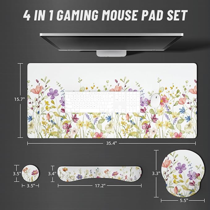 Ovenbird Mouse Pad Set 4-in-1 | Large Gaming Mousepad, Keyboard Wrist Rest, Mouse Wrist Support, Coaster | Ergonomic Office Desk Mat Accessories for Women Men | 4PCS, 35.4 x 15.7in, White Floral