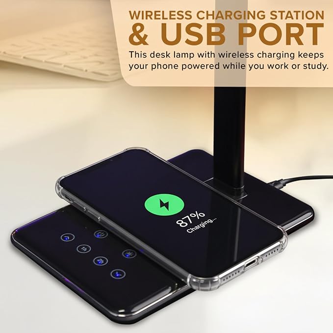 LED Desk Lamp | Wireless Charger & USB Port | 4 Color Modes & 10 Brightness Levels | Eye Caring Touch Control Lamp with Auto Timer | Foldable Adjustable Arm | Modern Light for Office Bedroom