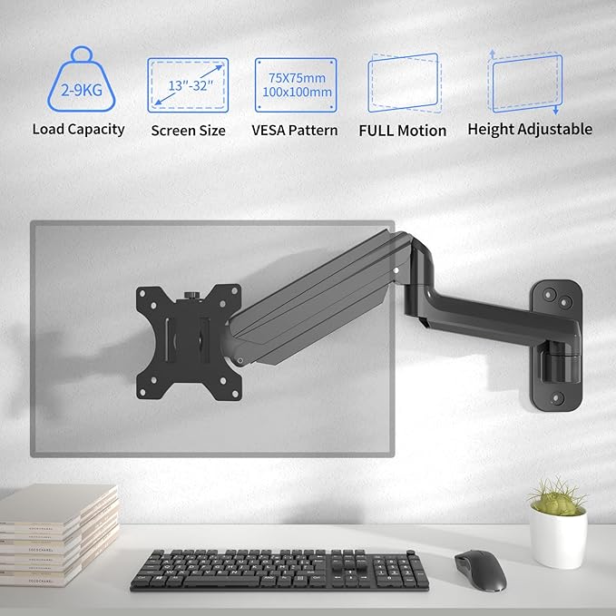 suptek Single Monitor Wall Mount for 17 to 32 Inch Screens, Gas Spring Monitor Arm Wall Mount Holds Up to 17.6lbs, Full Motion Adjustable,VESA Mount 75x75, 100x100(WM01A)