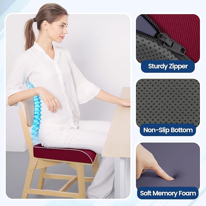 Seat Cushion for Coccyx & Lumbar Support, Office Chair Cushion, Memory Foam Large Chair Cushion with Non-Slip Cover for Soft Ergonomic Support at Office Chair, Car Seat, Airplane, Red/X-Large