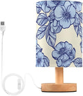 Blue Floral LED Table Lamp, Bedside Lamp with Linen Lampshade, Flicker-Free Eye Care USB Plug in Nightstand Lamp, for Bedroom and Office