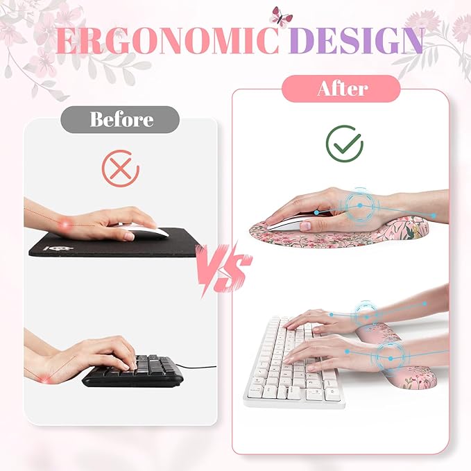 iCasso Desk Mat Set,Large Mouse Pad with Wrist Rest,Ergonomic Keyboard Wrist Support for Women,Girly Floral Computer Mat with Scalloped Edges,Non-Slip Desk Pad Home Office Gaming (Pink)