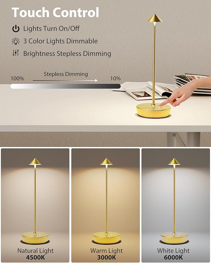 Cordless Table Lamps Rechargeable, 6000mAh Battery Operated LED Desk Lamp Outdoor Waterproof Portable Touch Dimmable Table Night Light for Patio Restaurant Dining Home Brass