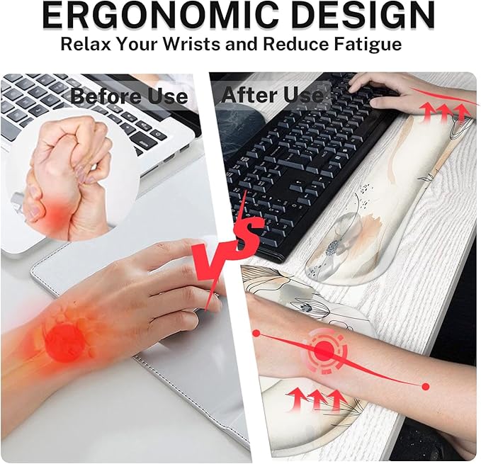 Arttown Watercolor Flower Leaf Desk Mat Summer Mouse Pad Set 4 in 1 Botanical Ergonomic Design Large Desk Pad + Keyboard Wrist Rest + Mouse Wrist Rest + Coaster Suitable for Home Office Study Game