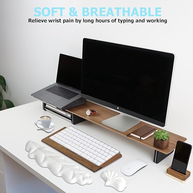 Ergonomic Keyboard Wrist Rest, Leaf Shape PU Leather Memory Foam Wrist Support for Computer Keyboard, Keyboard Pad and Cute Mouse Wrist Pad for Gaming,Office, Computer, Typing, White