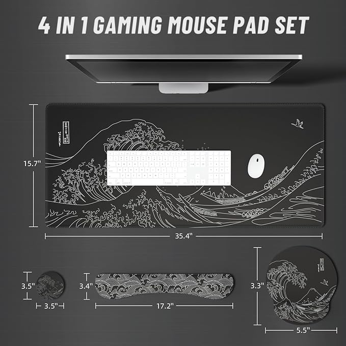 Ovenbird Mouse Pad Set 4-in-1 | Large Gaming Mousepad, Keyboard Wrist Rest, Mouse Wrist Support, Coaster | Ergonomic Office Desk Mat Accessories for Women Men | 4PCS, 35.4 x 15.7in, Great Wave Black