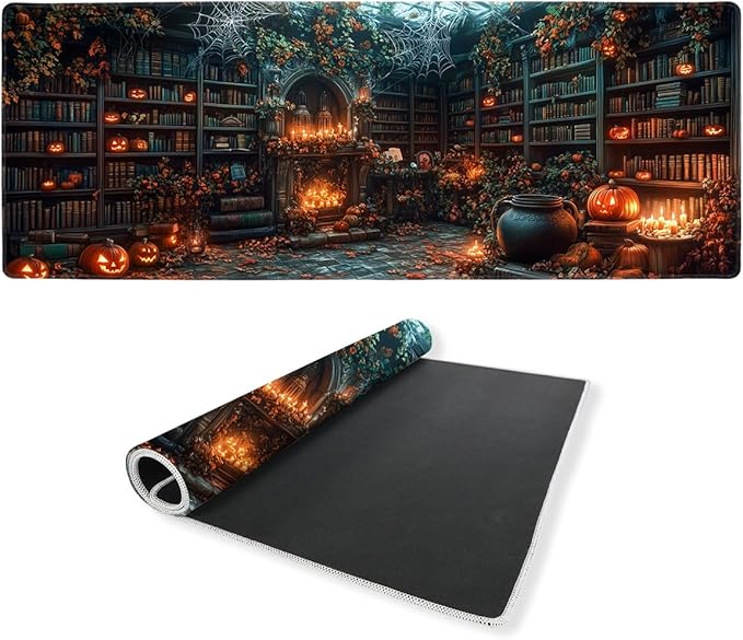 Library Desk Mat Gaming Mouse Pad Pumpkin Bookshelf Halloween Fireplace Mousepads Computer Keyboard Pad Mouse Mat Laptop Mat 31.5 x 11.8 Mouse Pads for Desk Home Office Gaming