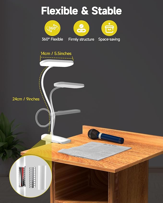 CUHIOY Desk Lamp with Clamp, Portable Cordless Rechargeable Clip on Reading Light, Eye-Caring LED Dorm Bunk Bed Light, 5 Colors 5 Brightness Flexible Neck Architect Lamp for Studying Crafting (White)