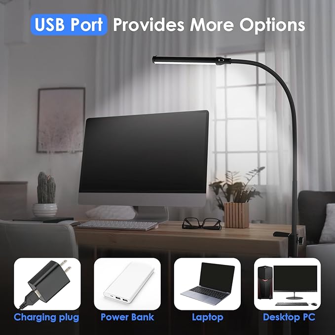 ShineTech LED Desk Lamp with Clamp, Clip On Desk Lamp for Home Office, 5000K Daylight White & Stepless Dimming, Flexible Gooseneck Architect Desk Light, Eye Caring Reading Lamp with USB Adapter