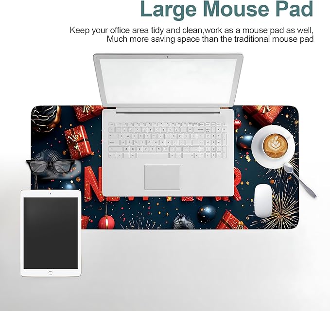 Happy New Year Extended Gaming Mouse Pad 31.5x11.8inches Large Desk Mat Anti-Slip Rubber Base & Durable Stitched Edges for Gamers Smooth Mouse Writing Surface for Desk Office/Home