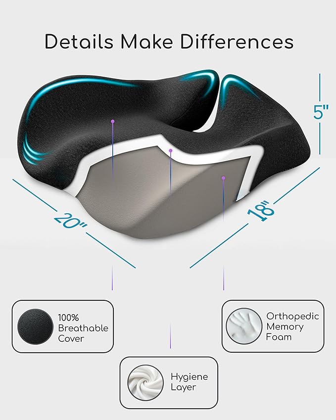 Ergonomic Seat Cushion for Coccyx & Tailbone Support – Extra Large Memory Foam Office Chair Cushion for Long Sitting, Orthopedic Coccyx Cushion for Desk Chair, Car & Wheelchair (Black)