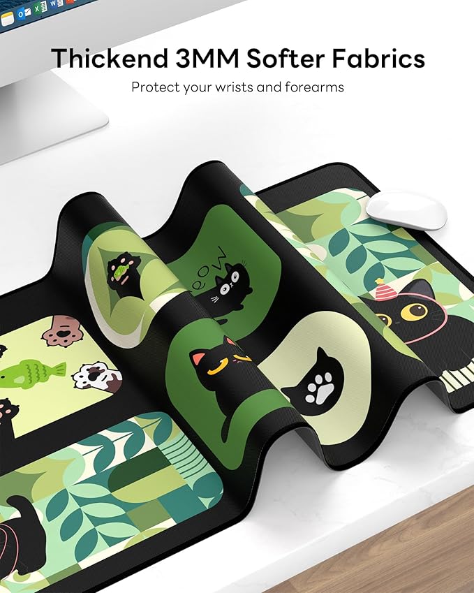 XL Gaming Mouse Pad, 31.5x15.7'' Large Desk Mat with Anti-Slip Rubber Base & Stitched Edges for Gaming, Office, Home, Cute Kitty