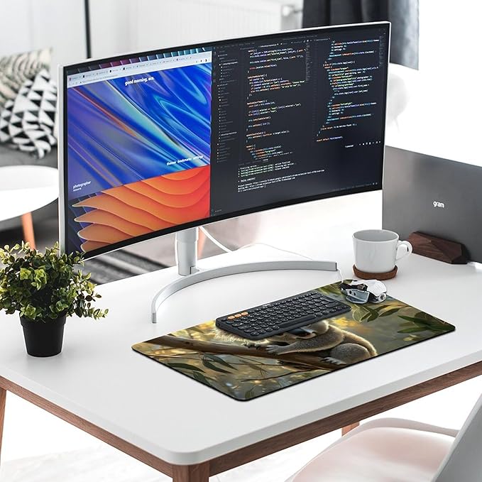 Large Ergonomic Gaming Mouse Pad Baby Koala on Eucalyptus Branch - Adorable Wildlife Theme with Non-Slip Base Water-Resistant Surface and Stitched Edges 40X75cm