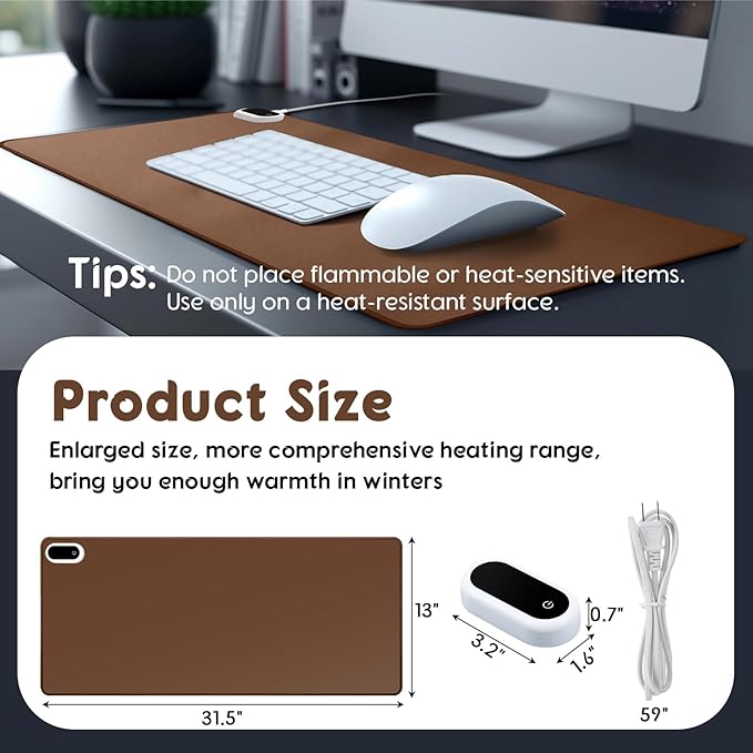 Konohan Heated Desk Pad Warm Mouse Pad, 5 Heating Level & 4 Hour Auto Shut-Off, PU Leather Warm Mouse Mat Heating Keyboard Gaming Mice Warmer Mat Only Supports 110v(Brown Color,31.5" X 13")