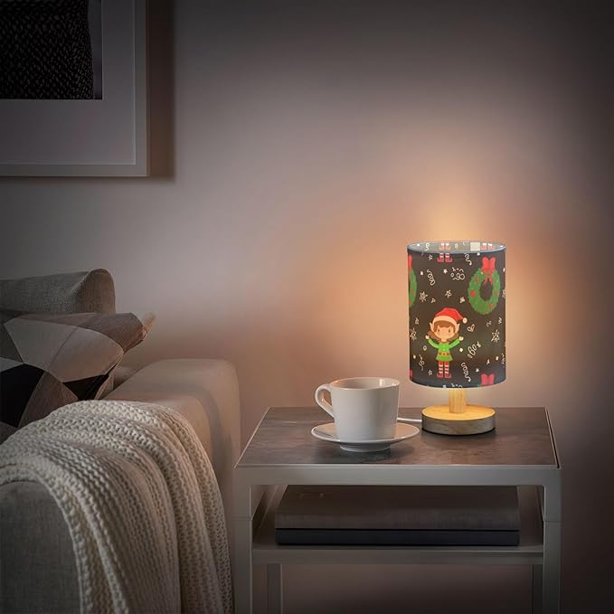 Elf Christmas LED Table Lamp, Bedside Lamp with Linen Lampshade, Flicker-Free Eye Care USB Plug in Nightstand Lamp, for Bedroom and Office