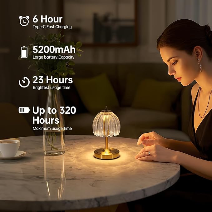 Tulip Small Table Lamp, 5200mAh Cordless Touch Control Mini Table Lamp with 3 Color Temps & Stepless Dimming, Perfect for Small Spaces like Dressers, Bedsides, Bookshelves (Transparent Tulip)