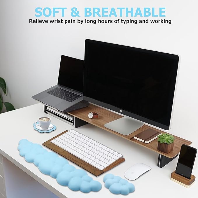 Cloud Wrist Rest Keyboard, PU Leather Memory Foam Wrist Support for Computer Keyboard, Ergonomic Keyboard Pad and Cute Mouse Wrist Pad for Gaming, Office, Computer, Easy Typing, Sky Blue