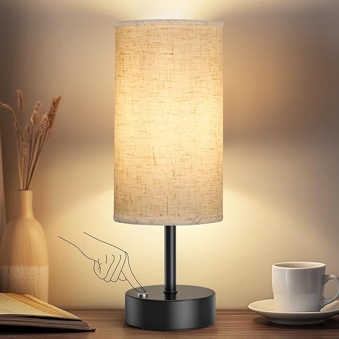 ROTTOGOON Cordless Table Lamp Touch Control Dimmable Small Bedside Table Lamps with Oatmeal Fabric Shade 5000mAh Rechargeable Battery Powered Desk Lamp for Bedroom,Home,Office,Dorm-Black