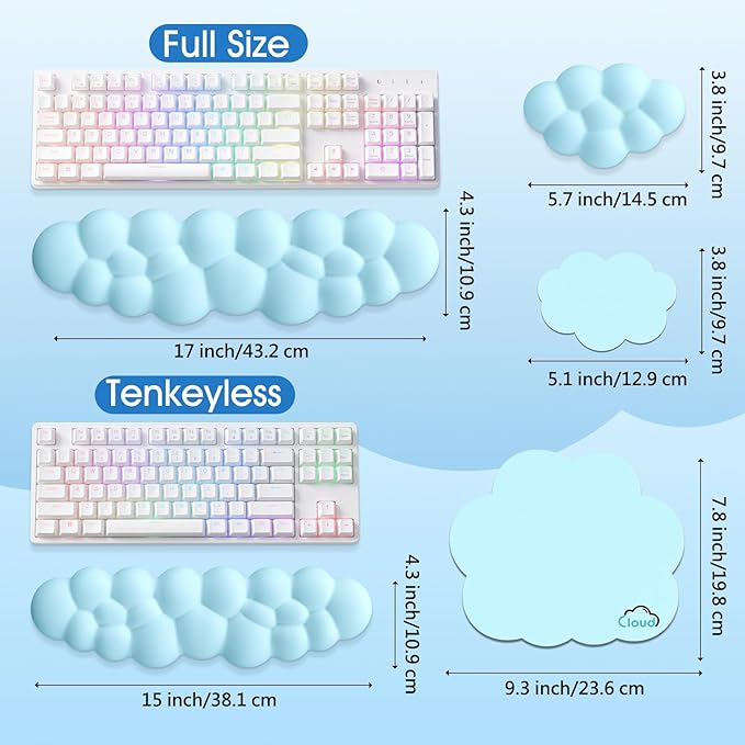 Cloud Wrist Rest Keyboard Cushion, 4-in-1 Ergonomic Cloud Keyboard Wrist Rest and Mouse Pad Set with Memory Foam Arm Support for Palm, Cute Desk Accessory for PC Gaming Setup, Blue