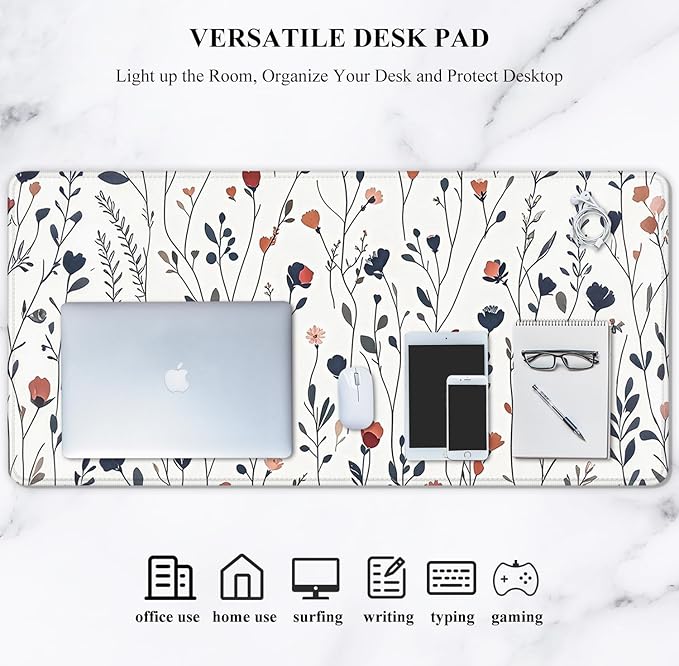 Auhoahsil Desk Mat, Ultra Large Mouse Pad, XXL Gaming Mousepad, Pretty Desk Pad, Big Extended Full Size Desktop Desk Matt for Keyboard, Laptop & Computer, 35.5 x 15.7 in, White Flowers