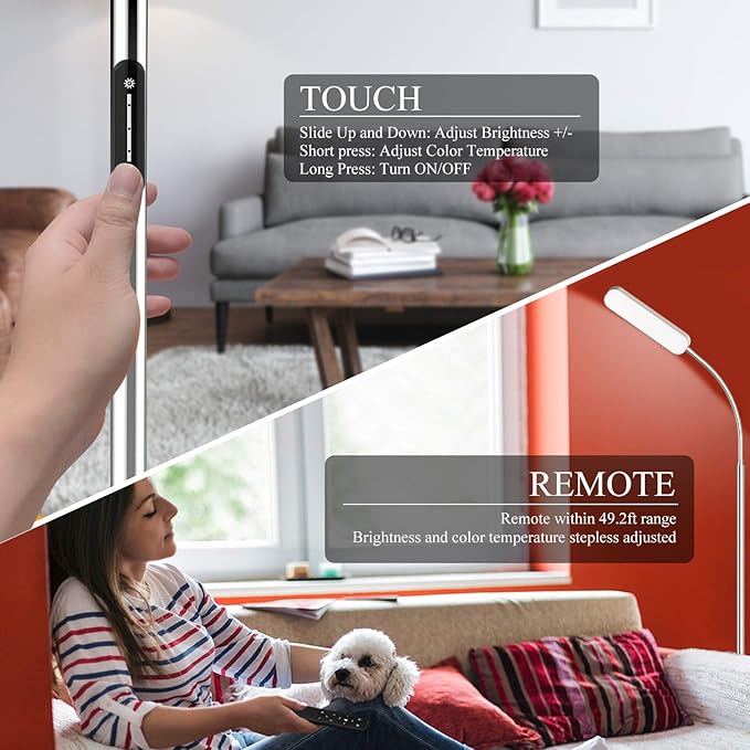15w/1000lm Bright LED Floor Lamp with Stepless Adjustable 3000K-6000K Colors and Dimmer, Remote and Touch Control Reading Lamp, Adjustable Gooseneck Floor Lamp for Living Room